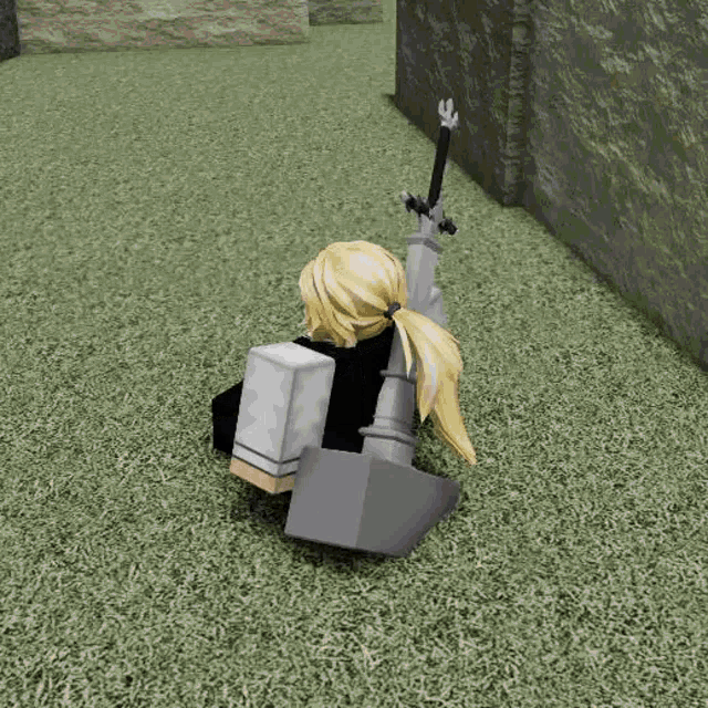 a girl is holding a sword and shield while sitting on the grass .