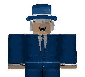 a roblox character wearing a blue suit and top hat is smiling and holding a box .