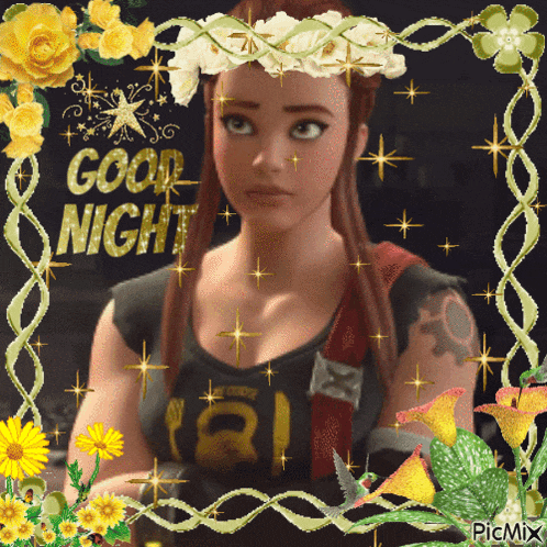 a picture of a woman with a flower crown and the words good night written on it