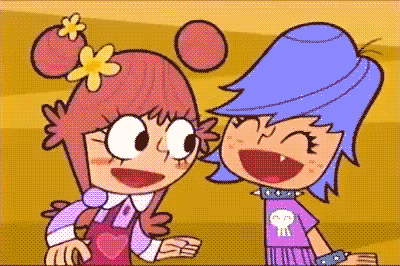 a cartoon girl with a flower in her hair and a girl with a skull on her shirt