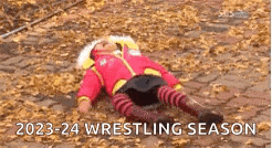 a baby is laying on the ground in a pile of leaves with the words `` 2023-24 wrestling season '' .