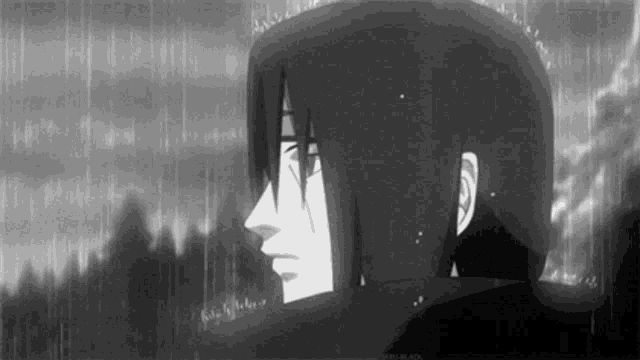 a black and white drawing of a man standing in the rain .