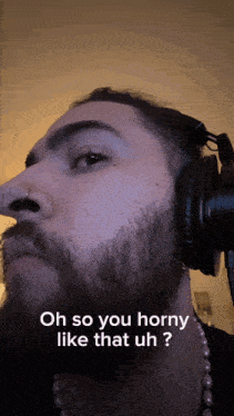 a man with a beard wearing headphones says oh so you horny like that uh ?
