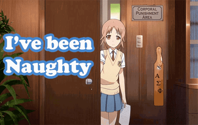 a girl stands in front of a door that says corporal punishment area