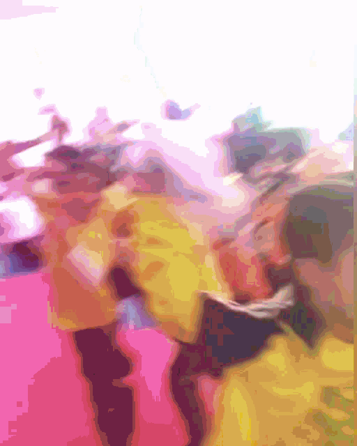 a painting of people dancing in a pink and yellow color scheme