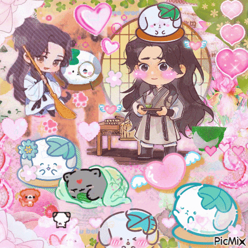 a picture of a girl and a boy with hearts and picmix written in the bottom right corner