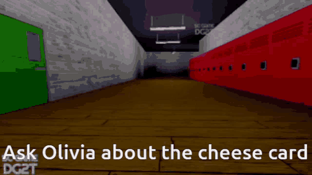 a purple pig is walking down a hallway with the words ask olivia about the cheese card below it
