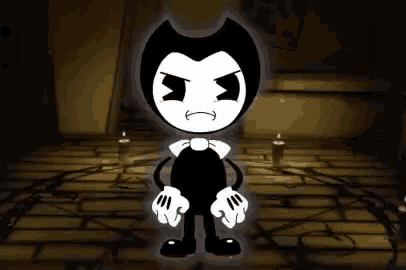 a black and white cartoon character is standing on a brick floor with candles in the background .