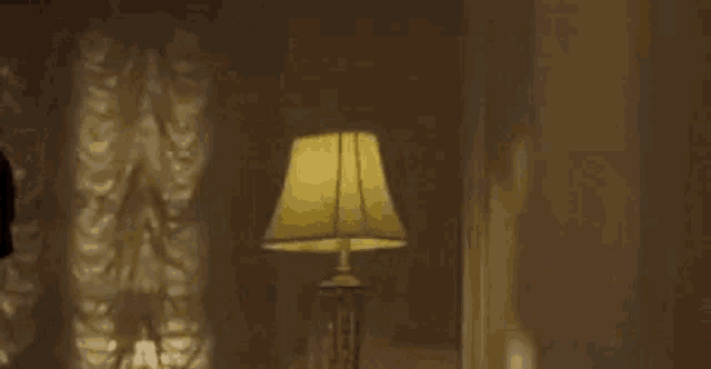 a man in a black shirt is standing in a dark room next to a lamp .