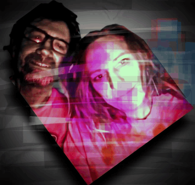 a man and a woman are standing next to each other and their faces are glowing in different colors