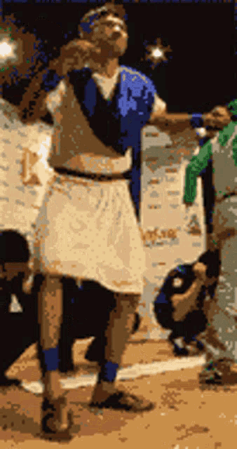 a pixelated image of a man standing in front of a sign that says ' a ' on it