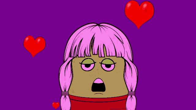 a cartoon character with pink hair and green eyes is surrounded by hearts