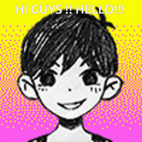 a black and white drawing of a boy with the words hi guys hello written above him