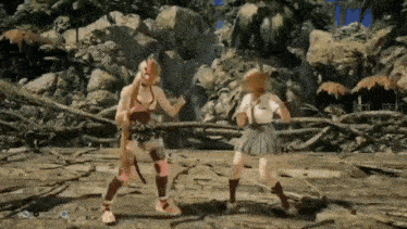 two women are fighting in a video game with a button on the bottom right