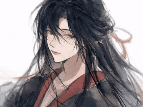 a drawing of a person with long black hair and red eyes