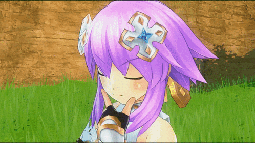 a purple haired anime character with a flower on her head