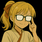 a girl wearing glasses and a ponytail has her finger on her nose
