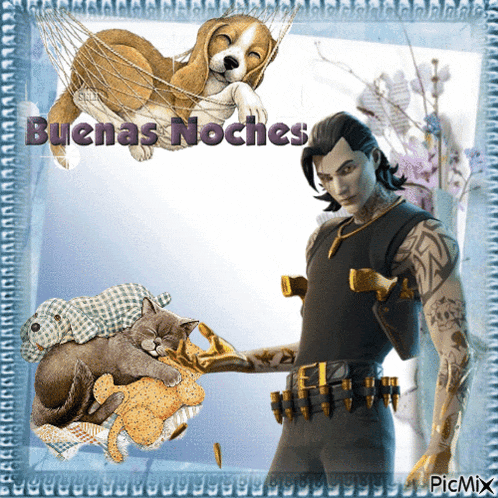 a picture of a man and a dog with the words buenas noches in the corner