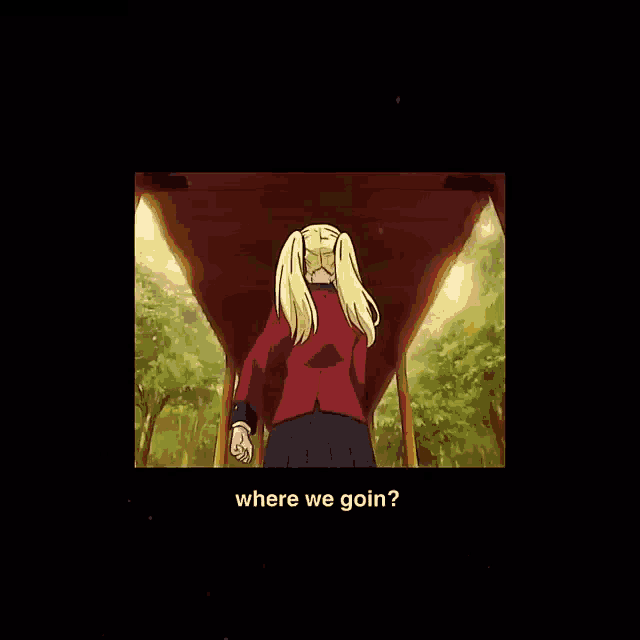 a girl in a red jacket is standing under a canopy with the words where we goin written below her