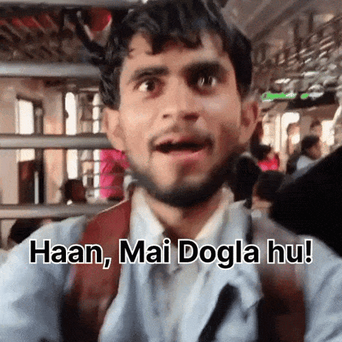 a man with a beard and a backpack says haan mai dogla hu
