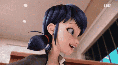 a close up of a cartoon character with blue hair and a red ribbon in her hair .