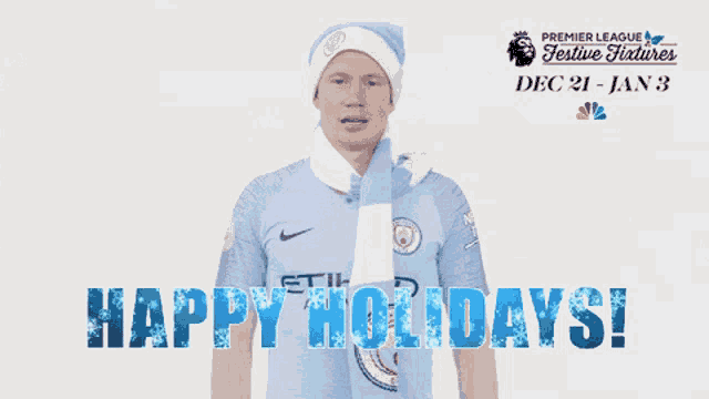 a man with a scarf around his neck and the words happy holidays behind him