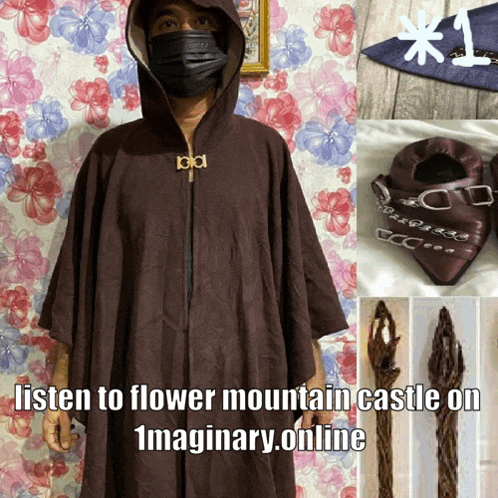 a man wearing a mask and a cape with the words listen to flower mountain castle on 1imaginary.online below him