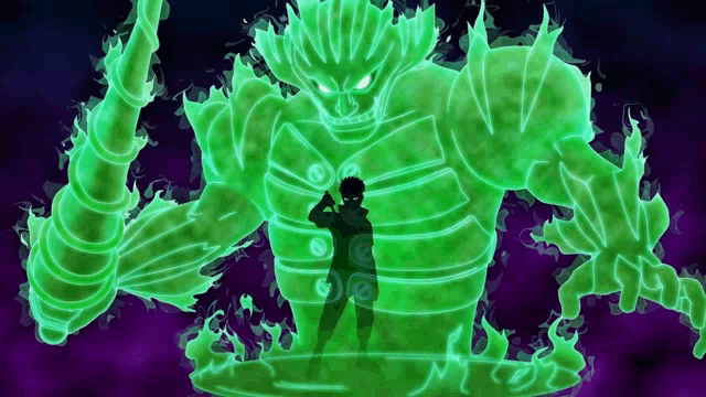 a silhouette of a person standing in front of a large green monster