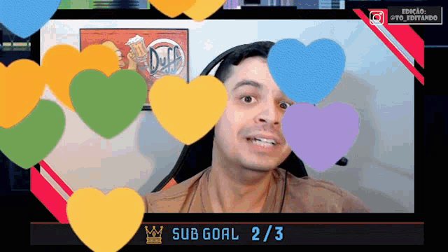 a man is surrounded by colorful hearts and a sub goal of 2/3