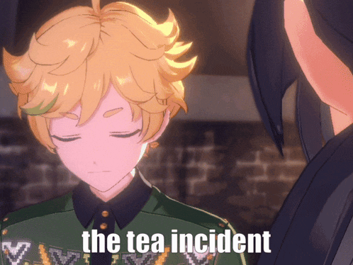 a yellow haired anime character with the words the tea incident written above him