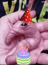 a person is holding a small frog wearing a party hat and a birthday cake