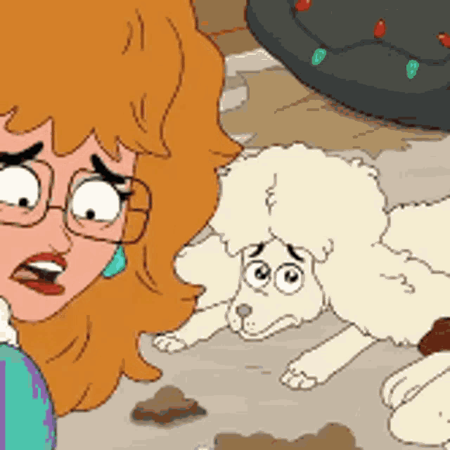 a cartoon of a woman standing next to a poodle