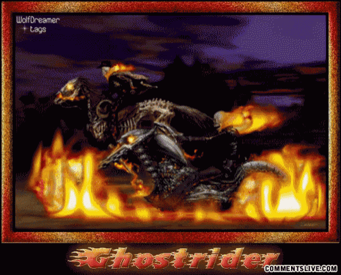 a picture of a ghost rider riding through flames