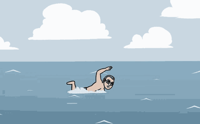 a man is swimming in the ocean with clouds in the background