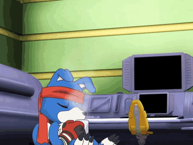 a blue and white cartoon character with a red scarf around his neck