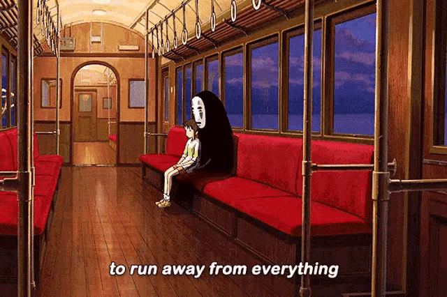a girl is sitting on a bench in a train with the words to run away from everything