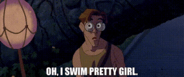 a cartoon character says oh i swim pretty girl in front of a lantern