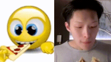 a cartoon smiley face next to a man eating pizza