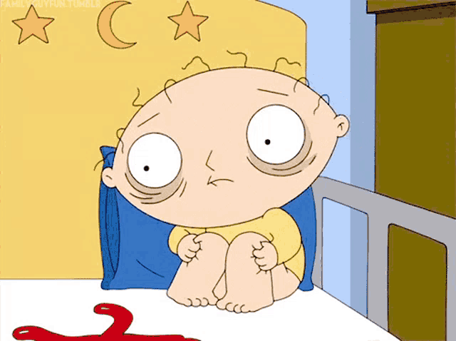 a cartoon of a baby sitting in a bed with a crescent moon and stars behind him