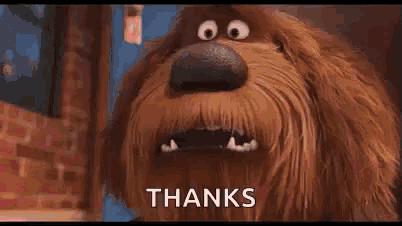 a close up of a dog with its mouth open and the words `` thanks '' .