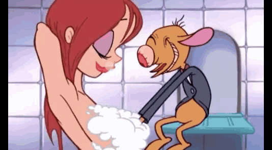 a cartoon character is taking a bath with a woman and a dog .