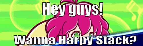 a cartoon girl with pink hair says hey guys wanna harpy stack ?