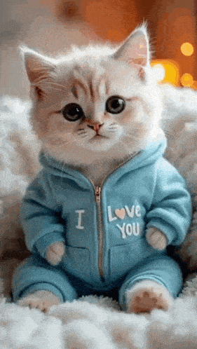 a kitten is wearing a blue sweater that says `` i love you '' .