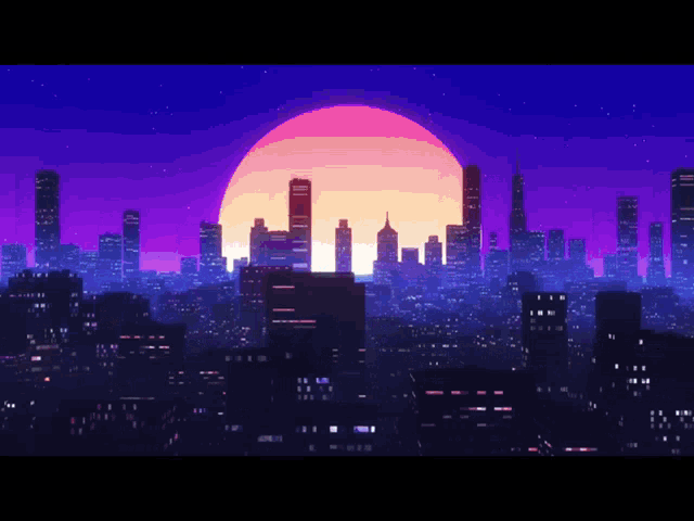 a pixel art of a city skyline at night with the sun shining through the buildings