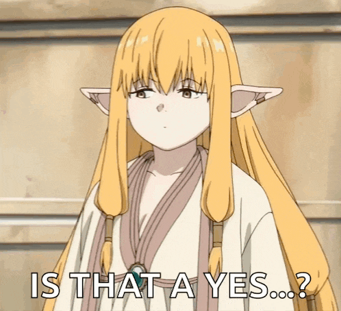a girl with long blonde hair and elf ears is asking is that a yes