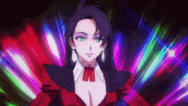 a woman in a red and black suit with a bow tie