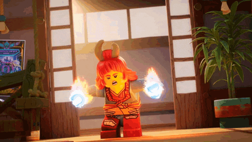 a lego figure with red hair and horns is standing in a room with a plant
