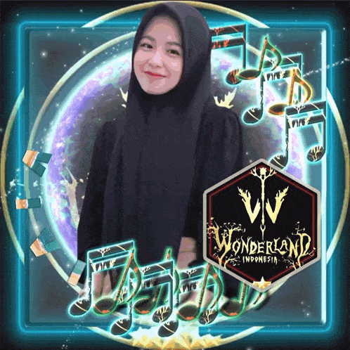 a woman in a black hijab is surrounded by music notes and a wonderland indonesia logo