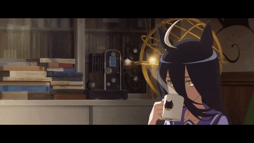 a cartoon of a girl holding a cup with a black cat on it