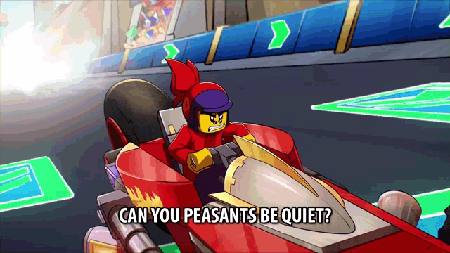 a cartoon character is driving a race car with the words can you peasants be quiet